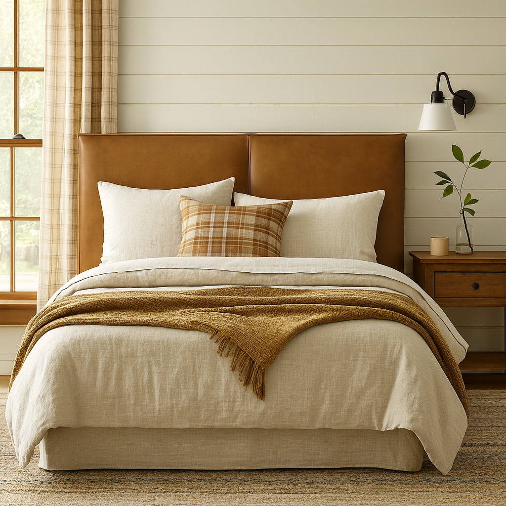 Cove Upholstered Leather Bedhead – custom made genuine leather bedhead by an Australian furniture brand, featuring a padded, upholstered design suitable for queen and king size beds, ideal for luxury and bespoke bedroom interiors.