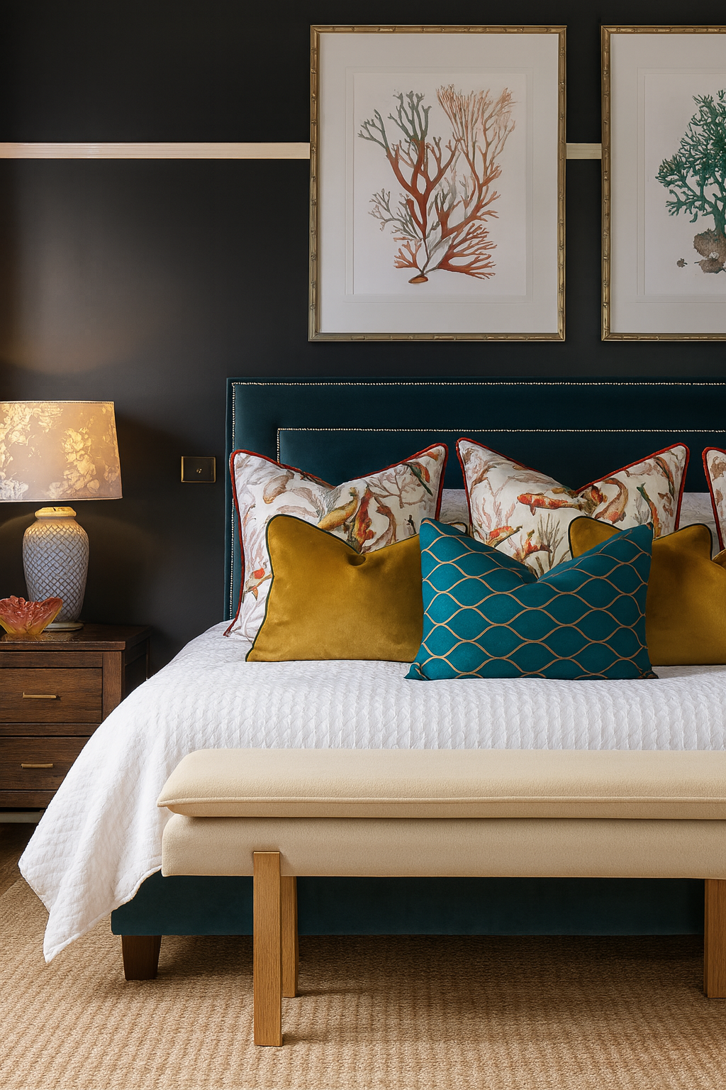 Velvet Chrome Studded Upholstered Bedhead