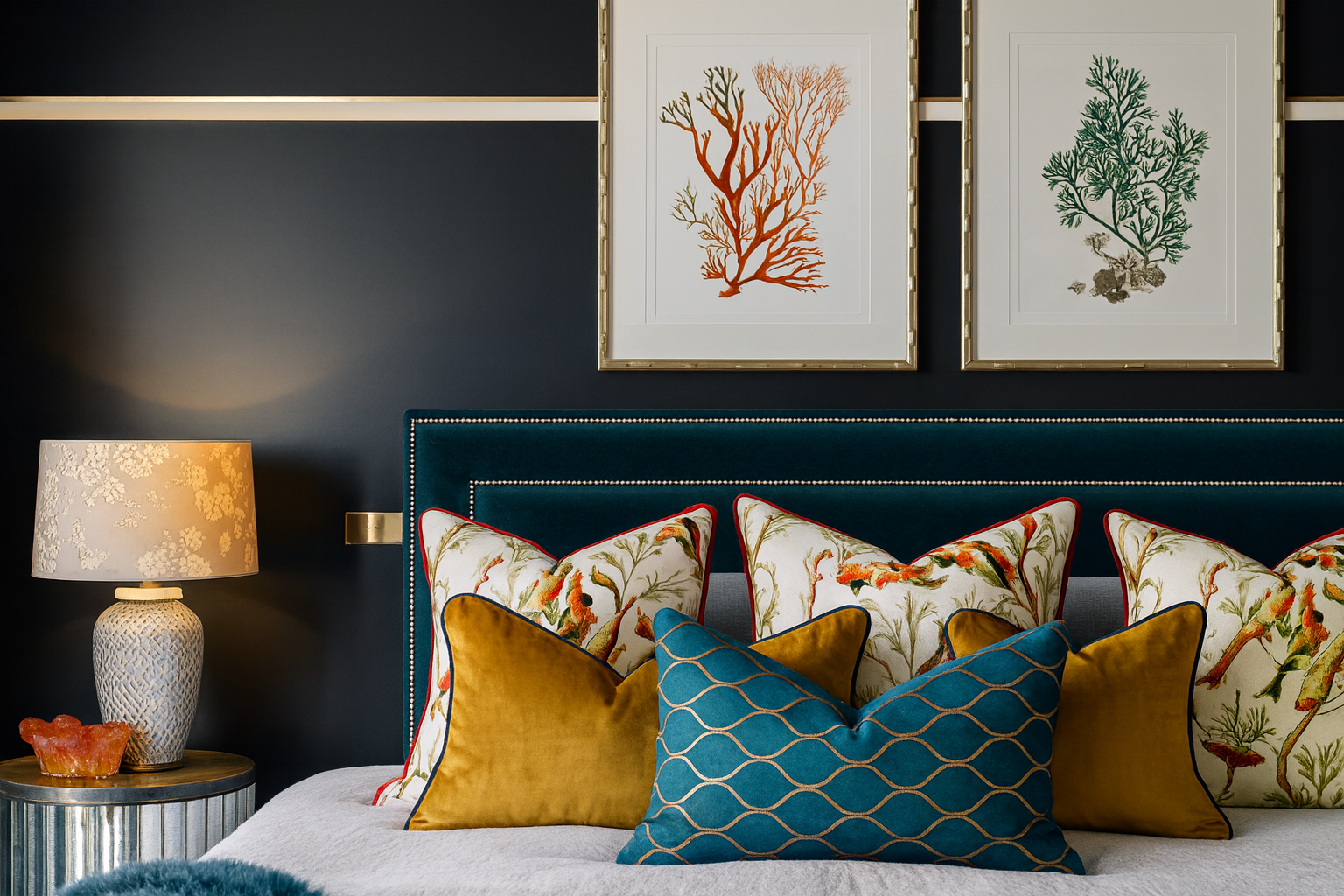 Velvet Chrome Studded Upholstered Bedhead