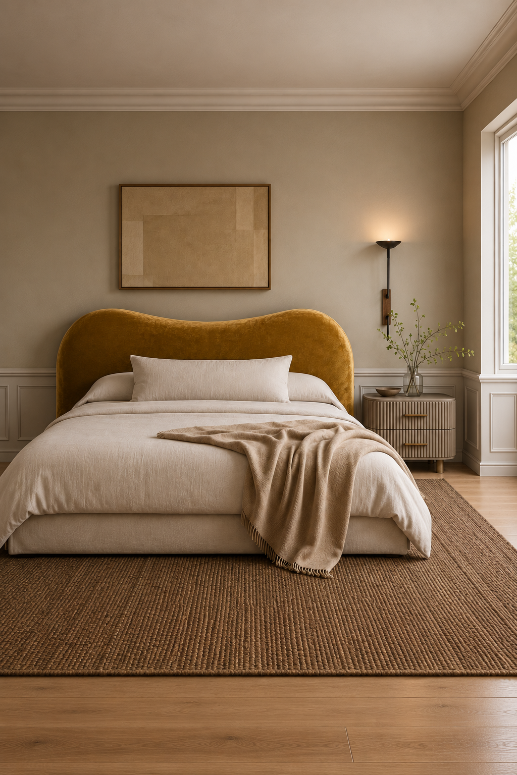 Amara Velvet Upholstered Bedhead in Casimir Gold velvet, styled bedroom