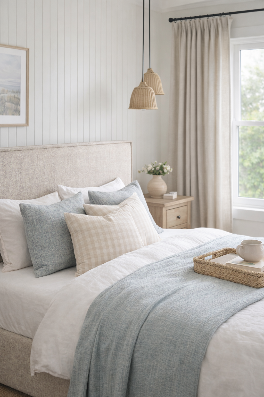 Bedhead and headboard with slipcover in a Cozy bedroom with a bed, pillows, and a side table with a lamp.