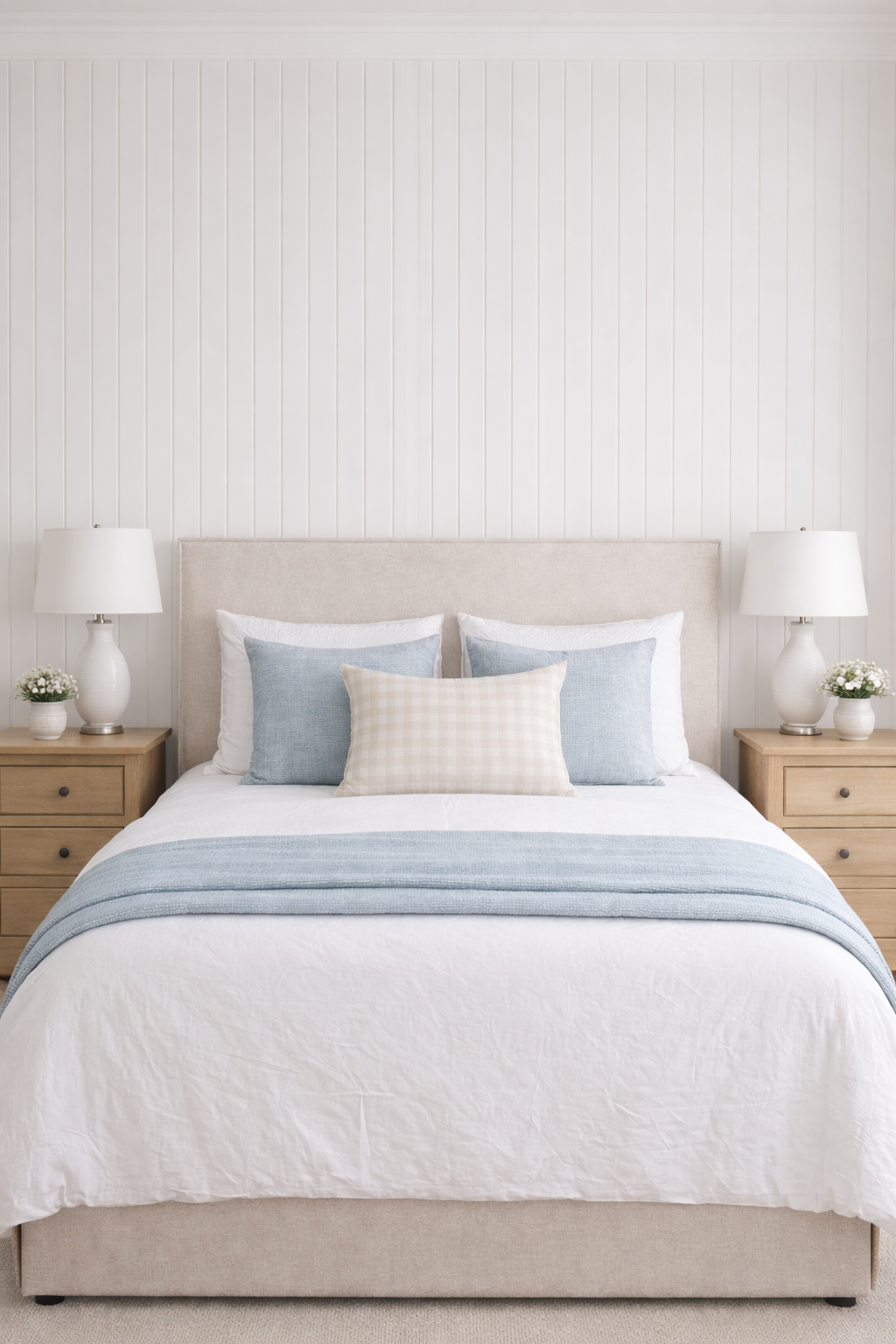 Slipcover Bedhead and headboard with a Neatly made bed with light blue and white bedding in a bedroom setting.