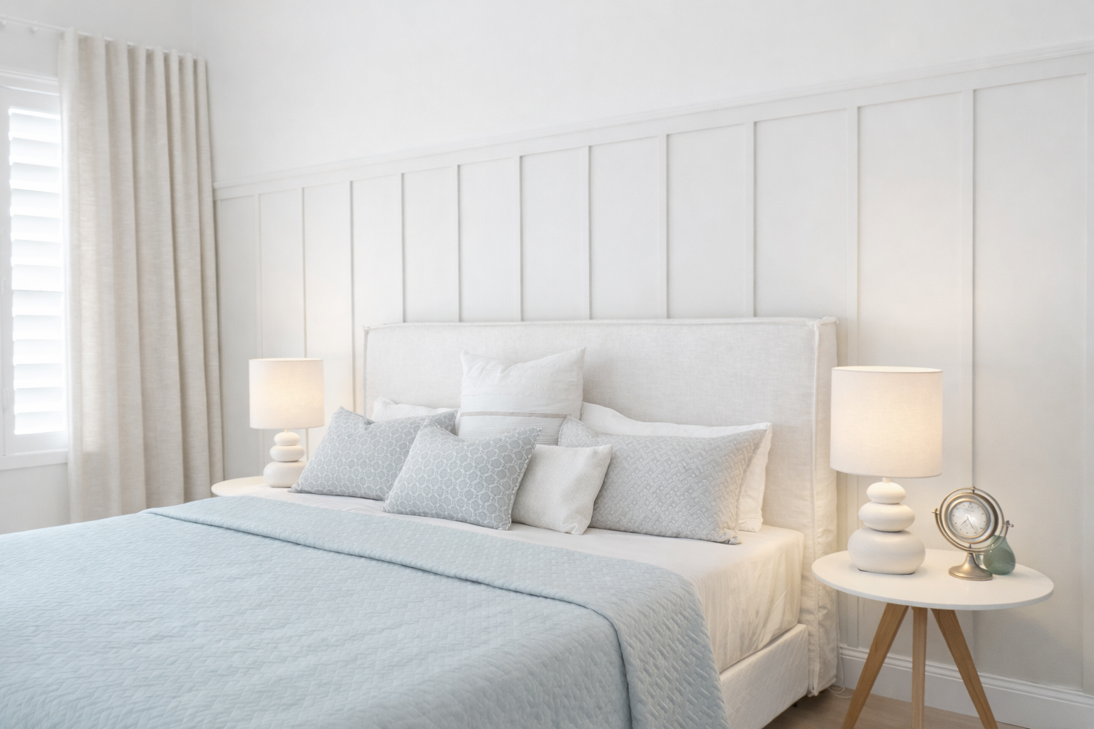 Neatly made bed with light blue bedding in a bright bedroom.