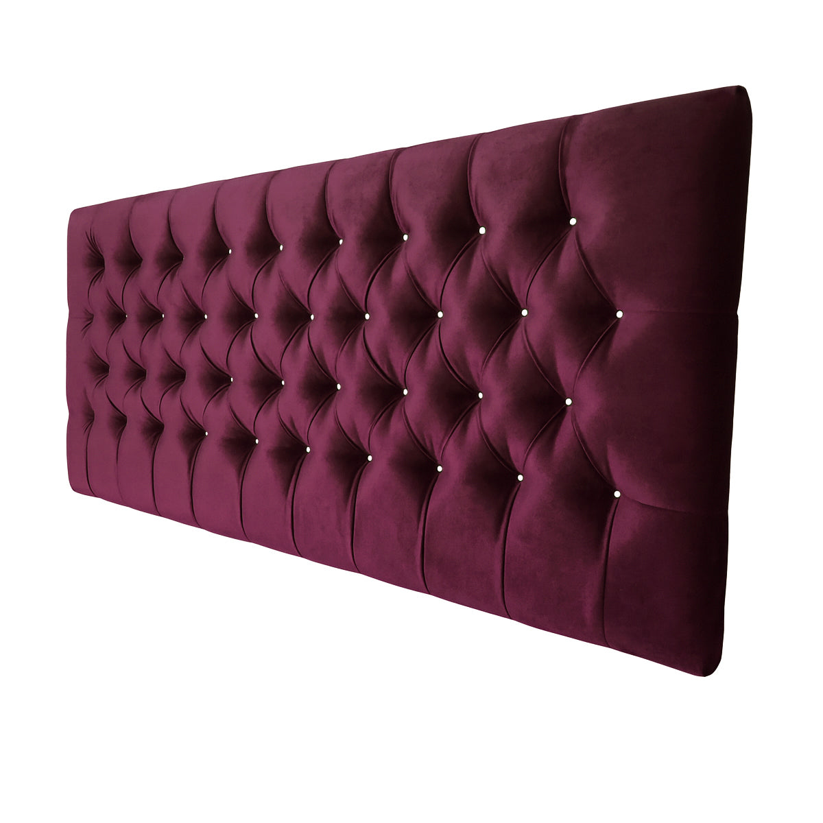 boysenberry tufted headboard with decorative buttons on a white background