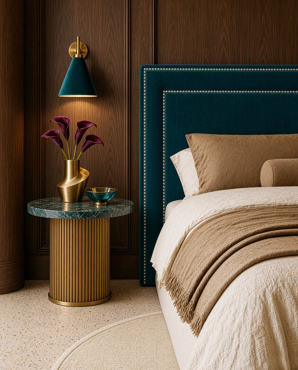 Chrome Studded Velvet Upholstered Bedhead