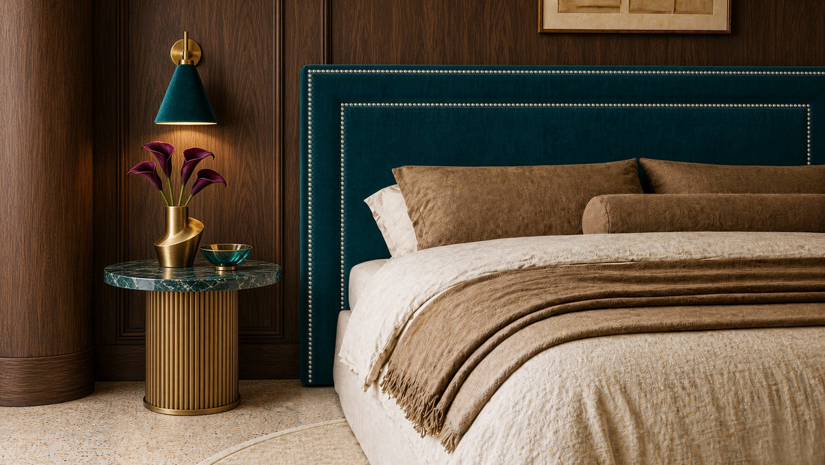 Chrome Studded Velvet Upholstered Bedhead