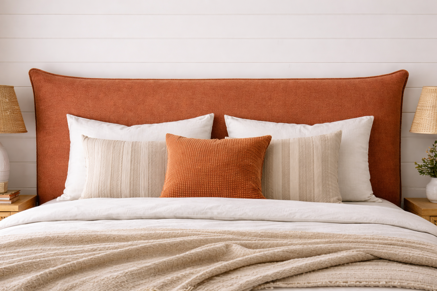 Bed with clay headboard and pillows in a bedroom setting