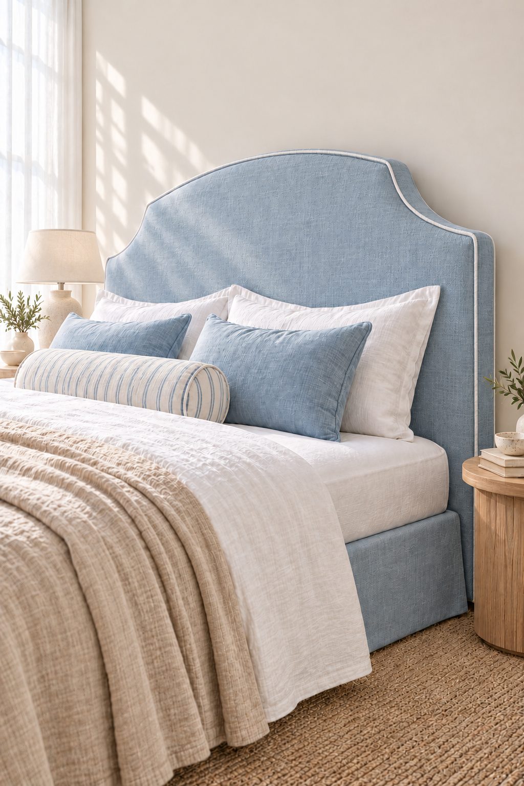 Custom Hobart upholstered bedhead in light blue linen with white piping and matching valance