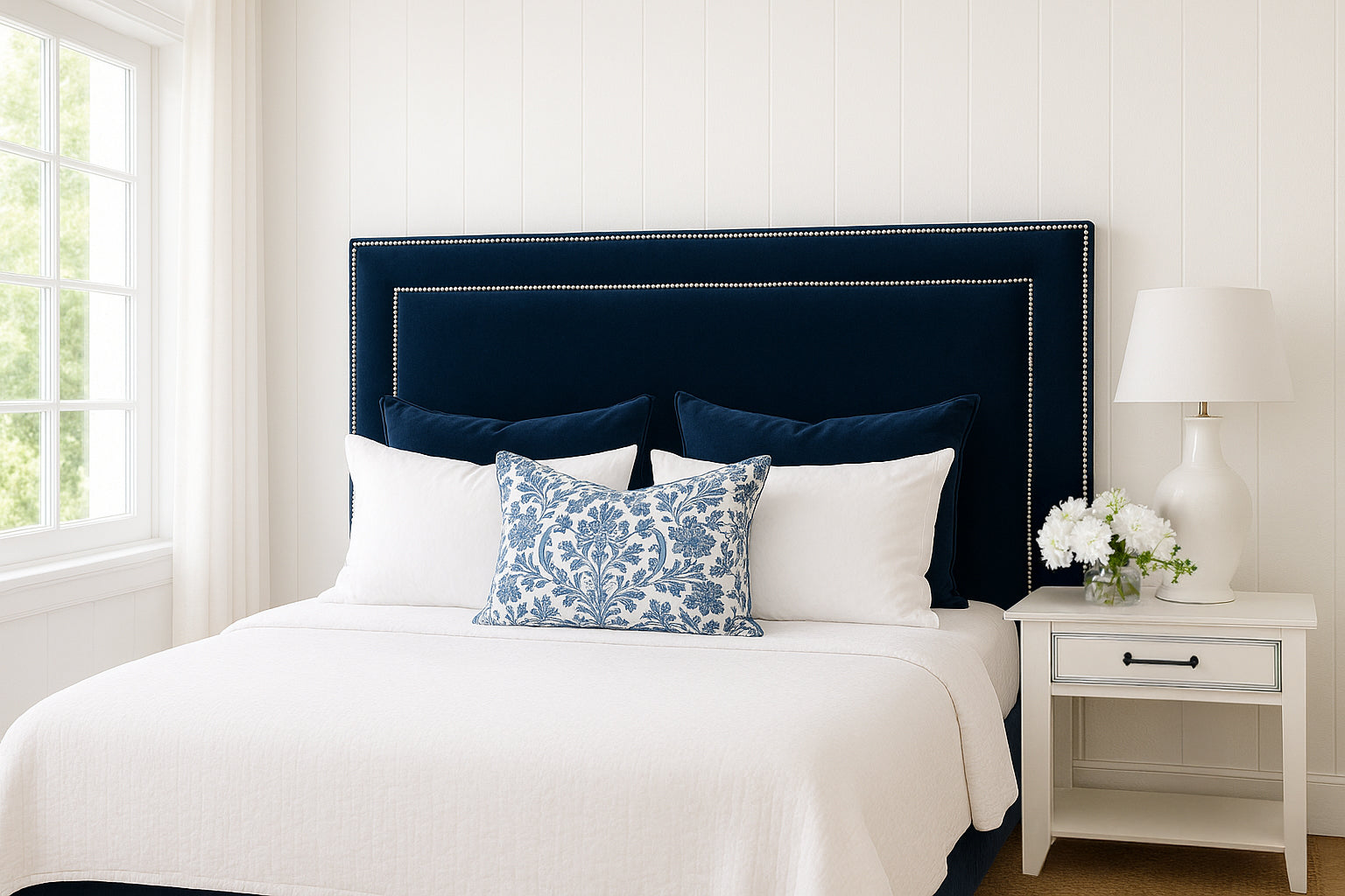 Velvet Chrome Studded Upholstered Bedhead Sapphire