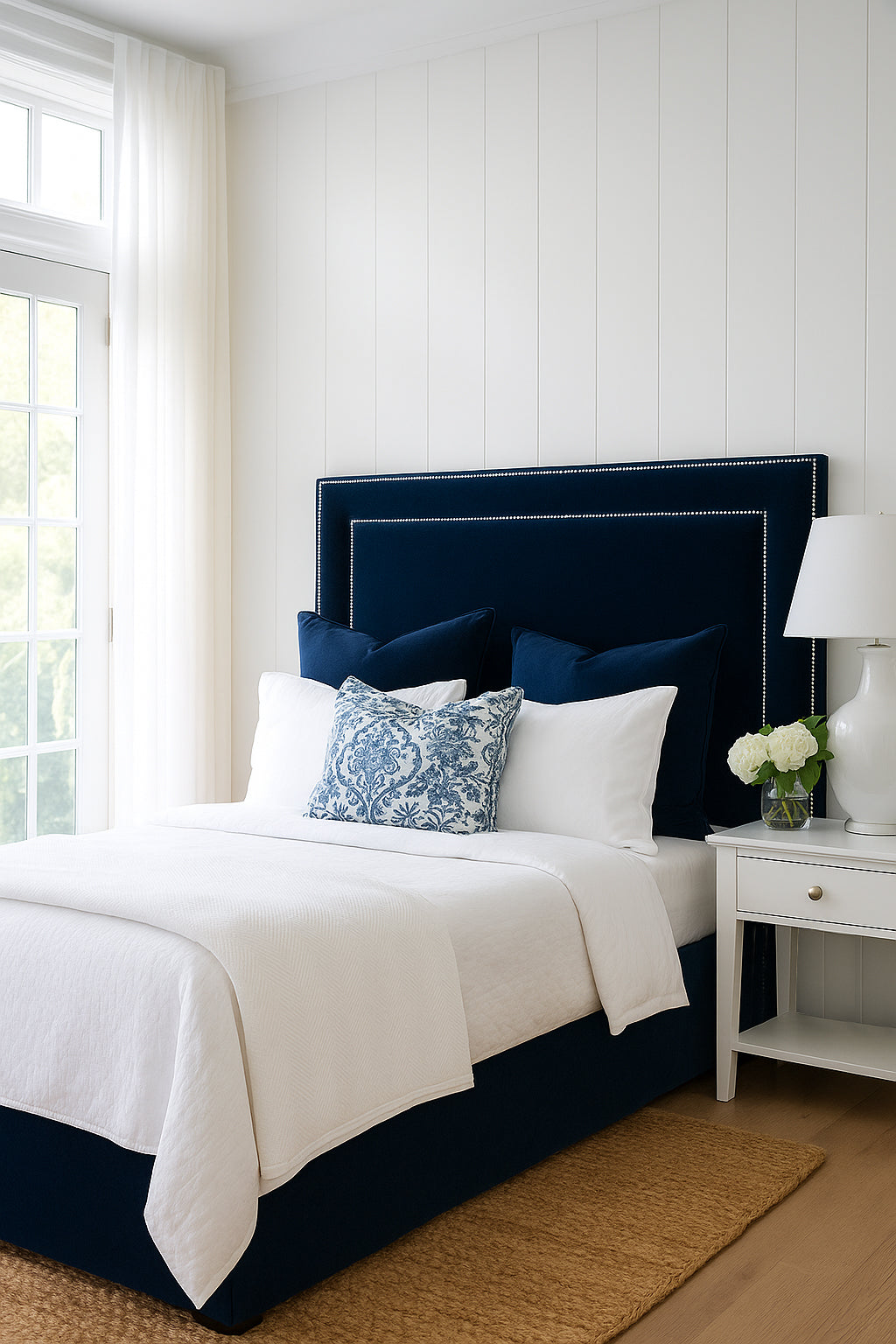 Velvet Chrome Studded Upholstered Bedhead