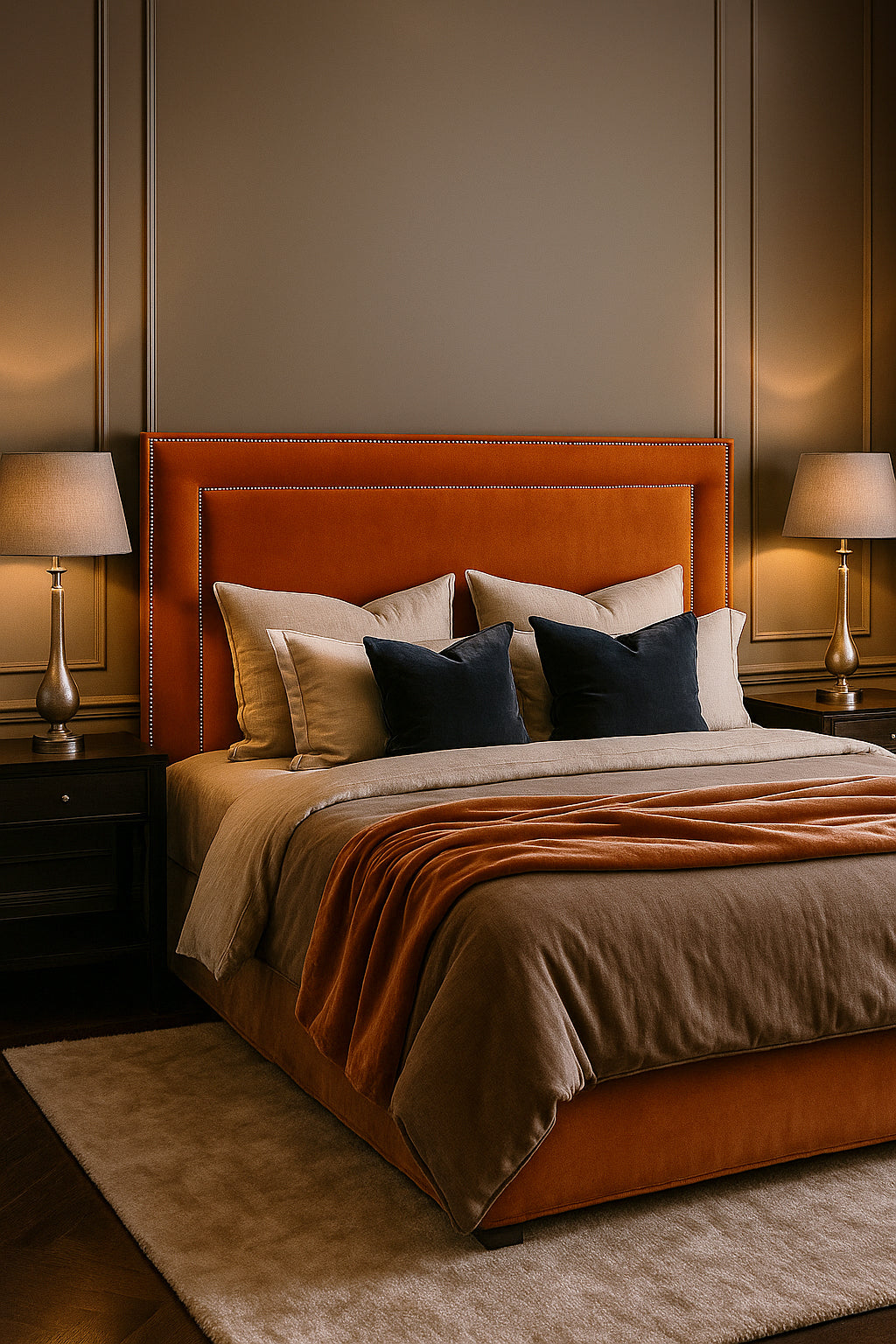 Velvet rust Studded Upholstered Bedhead