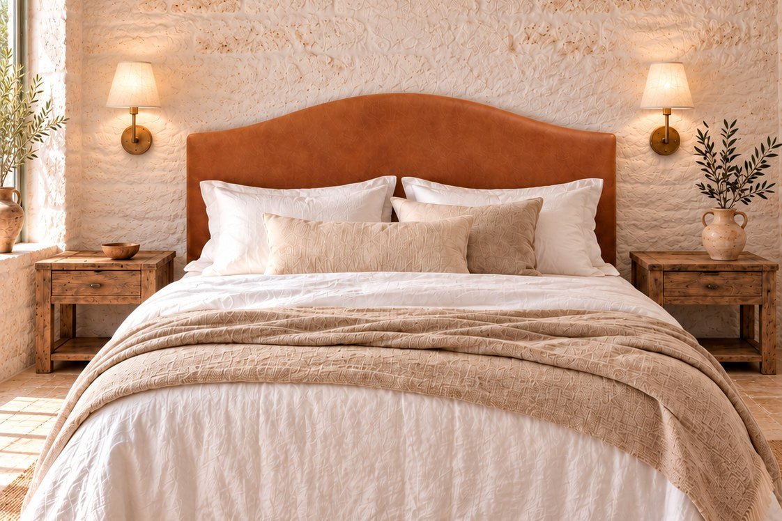 Milan Leather Upholstered Bedhead in tan leather look