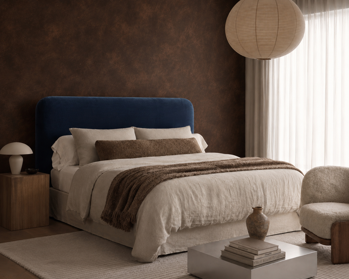 Orrison Velvet upholstered bedhead in navy velvet, styled bedroom