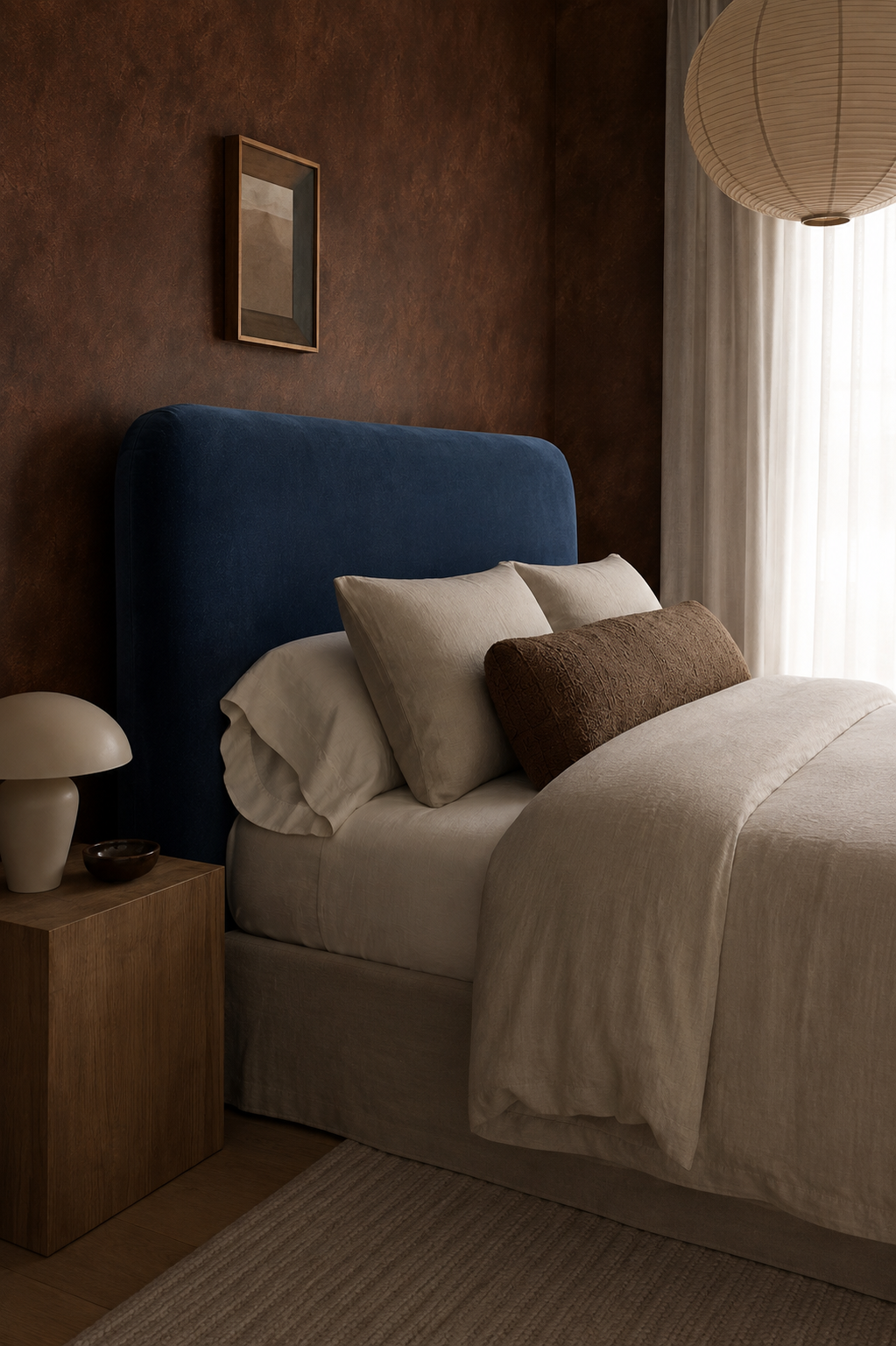 Orrison Velvet upholstered bedhead in navy velvet, side angle