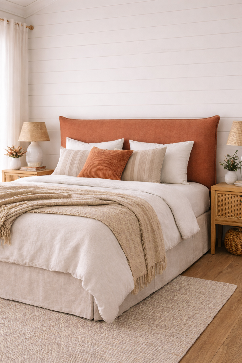 Neatly made bed with beige bedding and a rust-colored headboard in a bedroom setting.