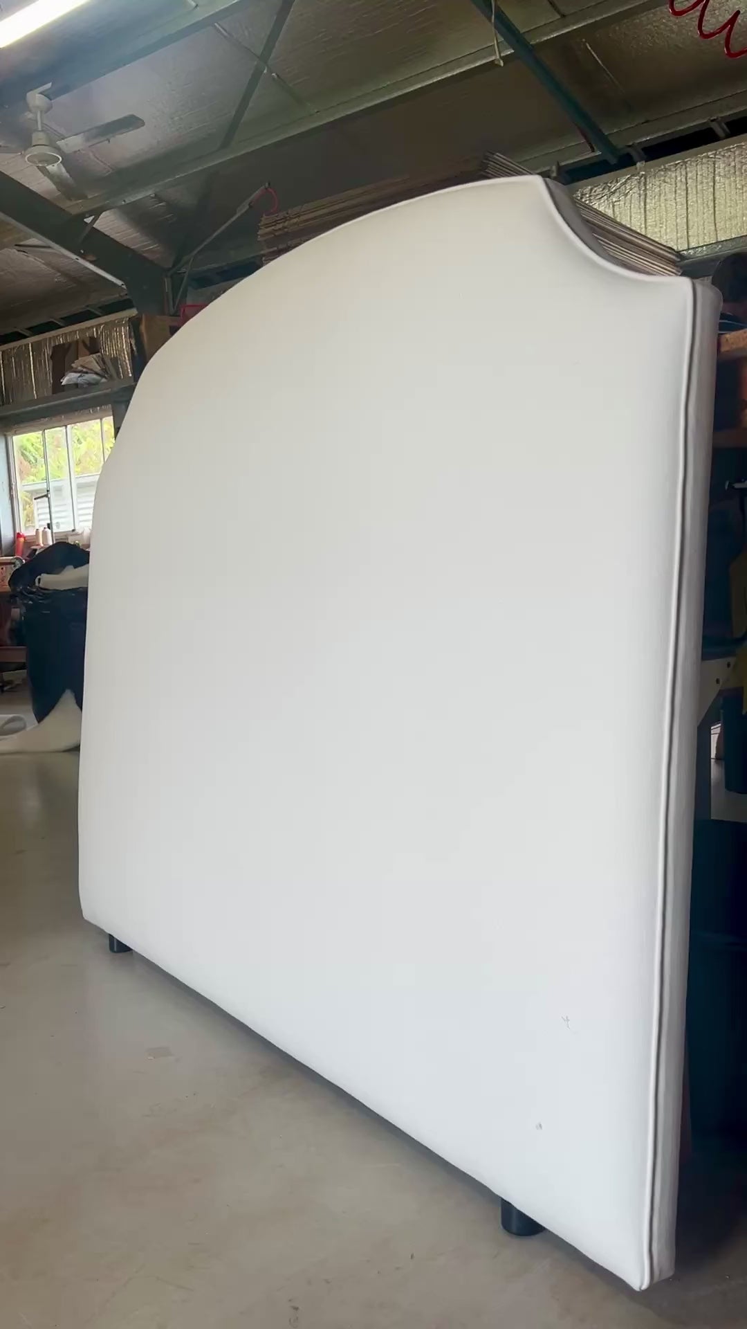 Load video: Hobart Piped Linen Upholstered Bedhead being made in our workshop