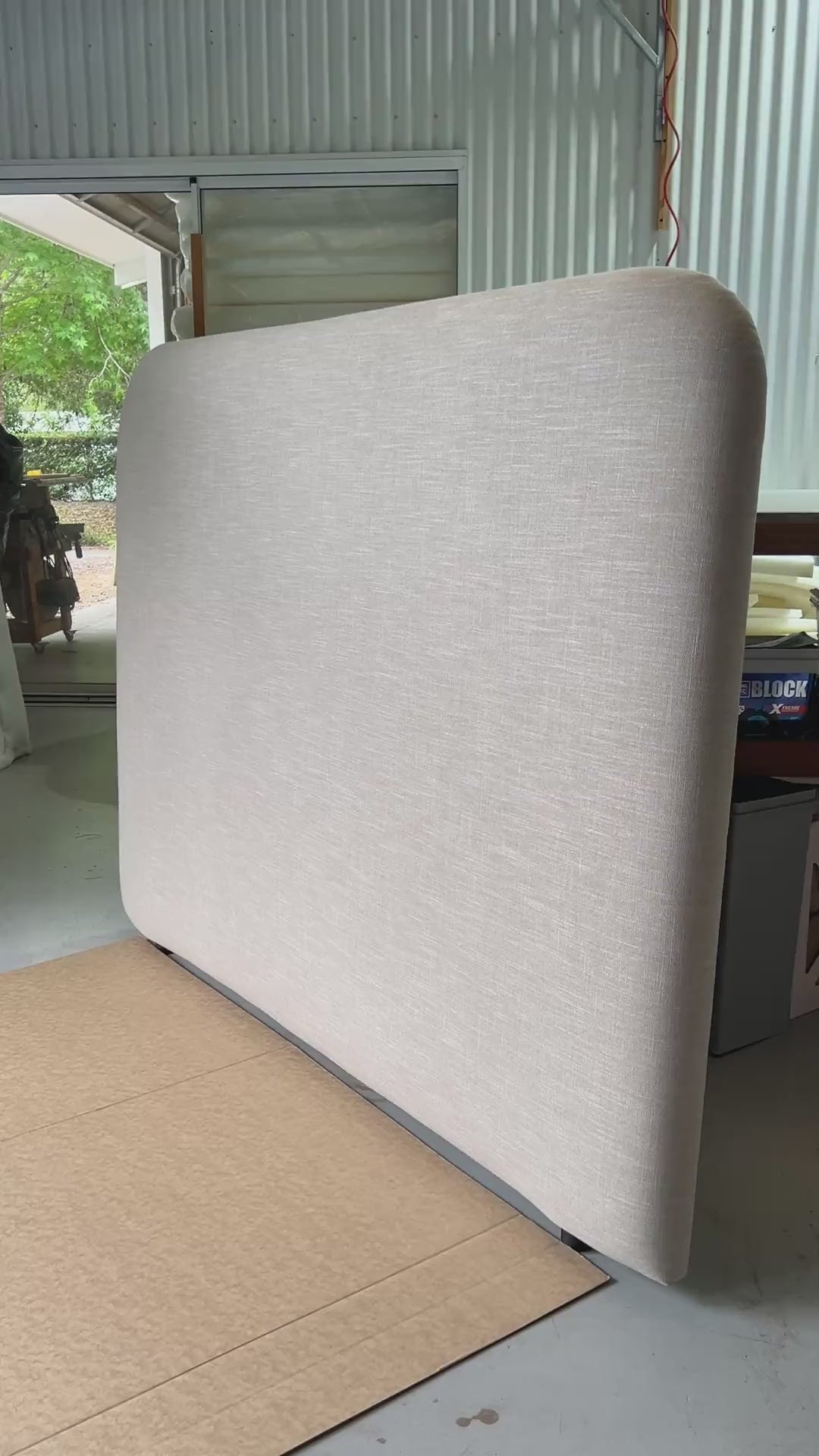 Load video: Orrison Linen Upholstered Bedhead in our workshop