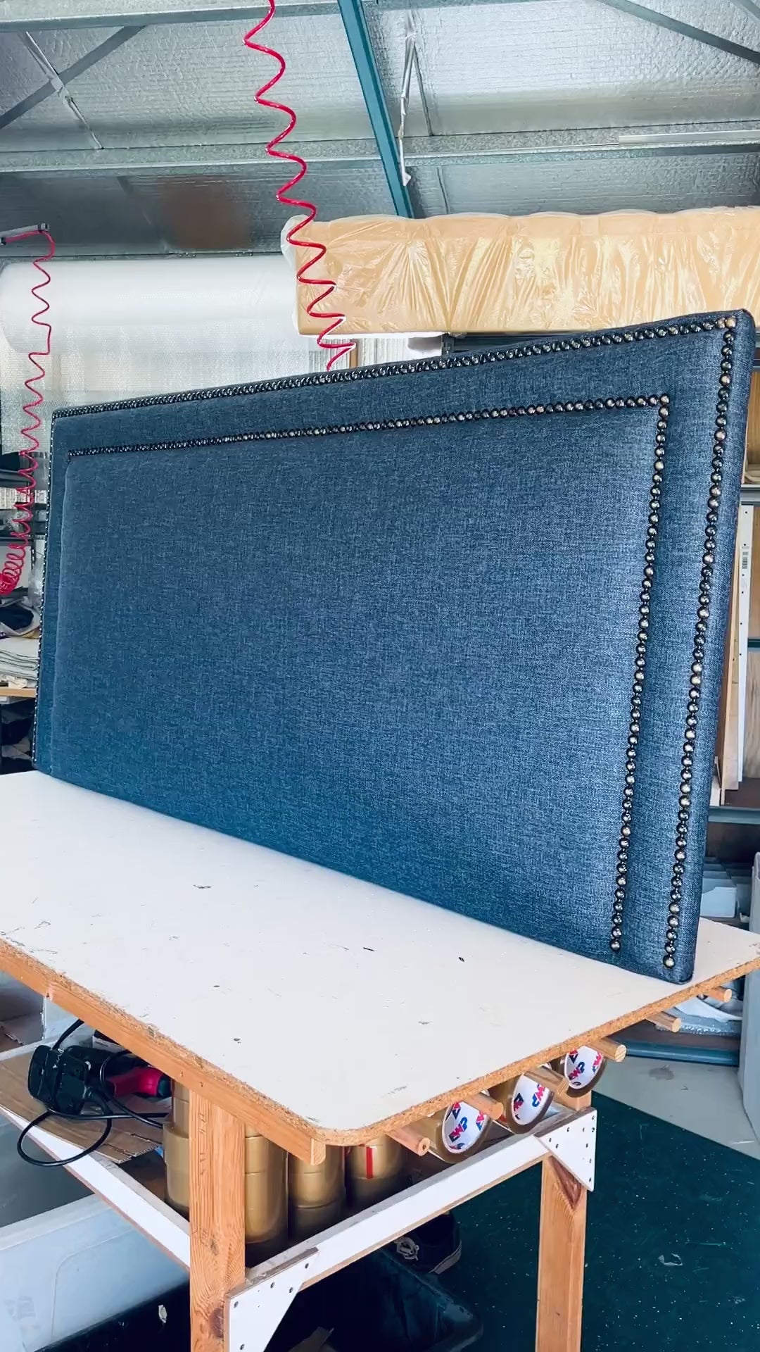 Load video: Susanna Linen Upholstered Bedhead in our workshop