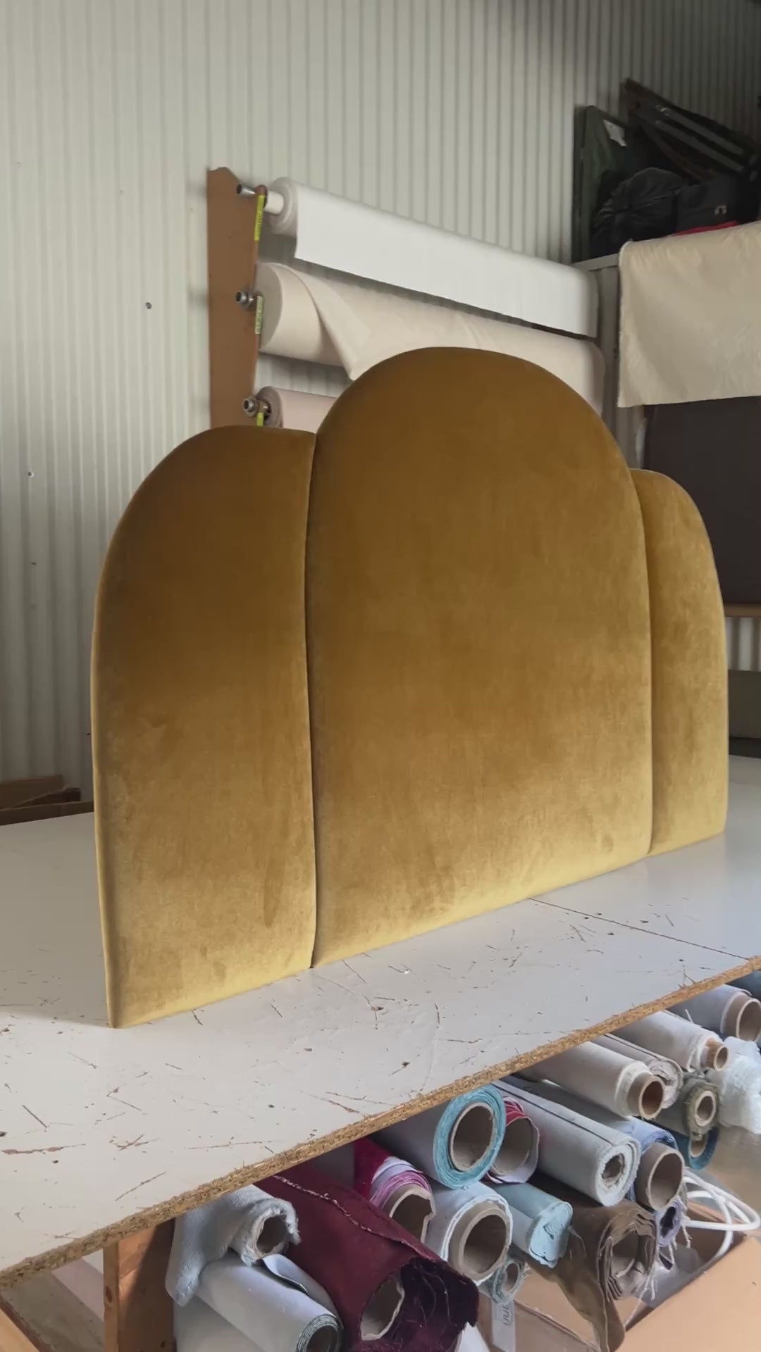 Load video: Deco Velvet Upholstered Bedhead in our workshop
