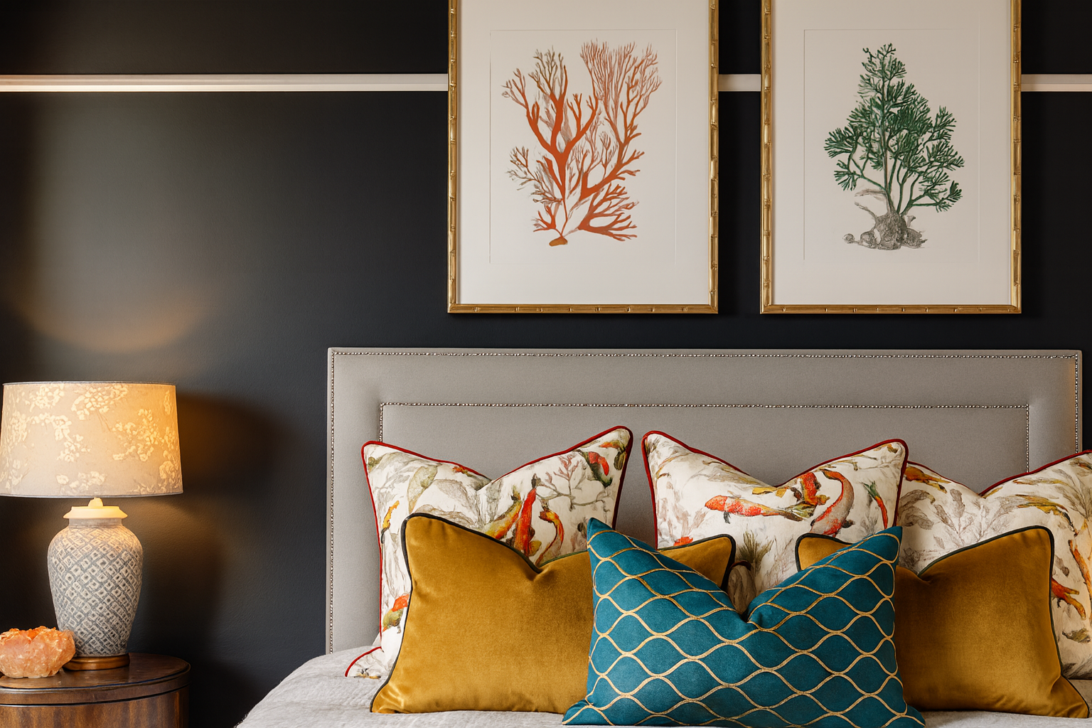 Decorative pillows on a bed with a lamp and wall art in the background ,
Velvet snow Studded Upholstered Bedhead