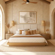 Beige bedroom with a bed, nightstands, and abstract art on the wall.